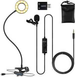 Movo Lavalier USB Microphone for Camera and USB Selfie Ring Light with Stand and Phone Holder - Microphone for PC Computers, Mac PC, and DSLR Camera - Great LED Ring Light for Laptop