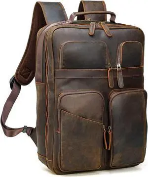 Polare 17.3 Inch Full Grain Leather Backpack for Men and Women Multi Pockets Business Travel Laptop Rucksack (Brown)