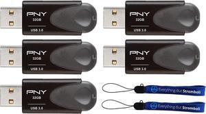 Generic PNY 32GB USB 3.0 Flash Drive Turbo Attache 4 (Bulk 5 Pack) Works with Computer (P-FD32GTBAT4-GE) Bundle with (2) Everything But Stromboli Lanyards