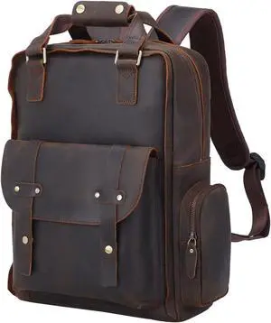 TIDING Genuine Leather 15.6 inch Laptop Backpack for Men College Casual Rucksack Backpack Business Travel Daypack
