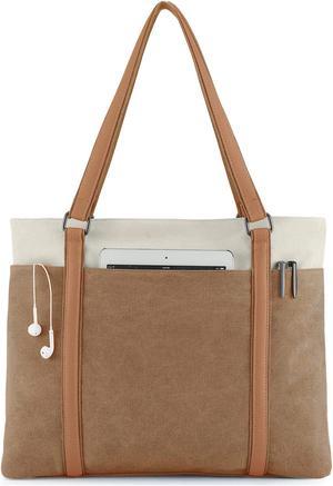 VOGUZY Laptop Bag for Women, Canvas Work Bag Briefcase Tote Bags Teacher Tote Bag Lightweight Shoulder Bags for Business Office Ladies, Brown