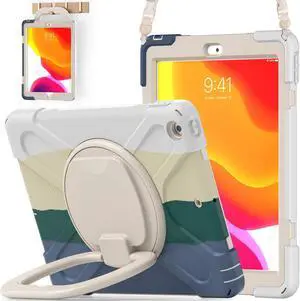 BATYUE iPad 9th/ 8th/ 7th Generation Case (iPad 10.2 inch Rugged Case 2021/2020/2019) with Screen Protector, Rotating Stand/Pencil Holder/Carrying Shoulder Strap (Colourful Green)