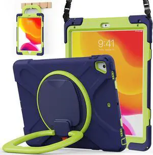 BATYUE Case for iPad 6th Generation 9.7 inch 2018, iPad 5th Gen 2017, iPad Air 2/ iPad Pro 9.7'',Shockproof Protective Cover with Pencil Holder &Rotating Bracket &Shoulder Strap (Navy Blue+Lime)