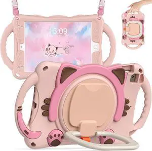 BATYUE Case for iPad Mini 5/4/3/2/1, iPad Mini Case for Kids with Rotating Stand/Pencil Holder/Carrying Strap, non-toxic & eco-friendly silicone Childproof,Cute Cat Case for Kids Boys Girls (Pink)