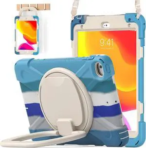 BATYUE iPad mini 5 Case,iPad mini 4 Case, Heavy Shockproof Drop Case with Pencil Holder, 360° Swivel Stand, Shoulder Strap;Cover for iPad mini 5th/4th Generation 7.9 Inch;for Kids(Colourful Blue)