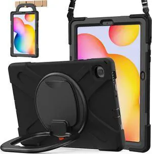 BATYUE Case for Galaxy Tab S6 Lite 10.4 Inch 2024/2022/2020 with Pen Holder, Shockproof Rugged Cover with 360 Rotating Stand, Shoulder Strap, Handle Grip for Samsung Galaxy Tab S6 Lite, Black