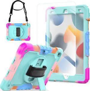 Blosomeet iPad Case 9th Gen 10.2 inch 2021/2020 for Kids Drawing with Tempered Glass Screen Protector | iPad 8th/7th Generation Case Cover 2019 w/Stand Pen Holder & Hand Shoulder Strap |Turquoise