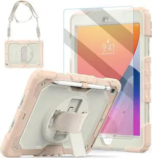 iPad 9th Generation Case Girls Cute 2021 10.2 Inch with Tempered Glass Screen Protector & Pen Holder |Blosomeet KidsProof iPad 8th/7th Gen 2020 2019 Cover w/Kickstand Handle Shoulder Strap|Rosegold