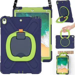 BRAECN iPad Air 3 10.5 Inch 2019 Case, Hybrid Shockproof Rugged Silicone Case with Pencil Holder, Folding Hand Grip, Stable Kickstand,Carrying Shoulder Strap for iPad Pro 10.5 2017 Tablet-Navy+Green