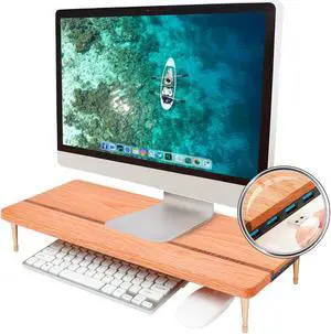 CRAFT KITTIES Wood Riser Monitor Stand with USB Ports Computer Stand w/Slot for Tablet & Cellphone Computer Riser w/Big Storage, Dual Monitor Riser for PC, Computer, Laptop, Printer