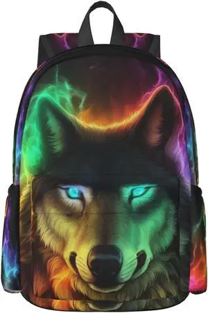 FeHuew 16 inch backpack Colorful Wolf Fantasy Burning Laptop Backpack Full Print School Bookbag Shoulder Bag for Travel Daypack