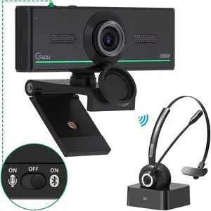 Gsou Webcam with Headset and Microphone, Webcam with Wireless Headset, 1080P Webcam with Privacy Cover, Plug and Play Web Camera for Desktop Computer Zoom Meetings, Audio Bluetooth only for Headset