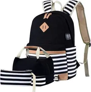 BTRLIACY Canvas School Bags Striped Rucksack Casual Daypack Laptop Backpack College Student Bag Backpack for Women Teenage Girls, with Lunch Box Bag Pencil Case