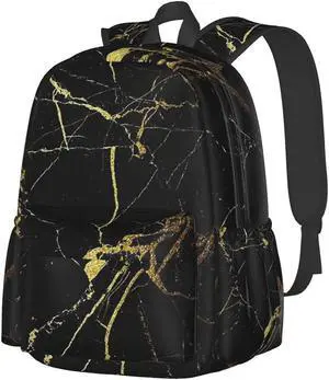 KiuLoam 17 Inch Backpack Gold Black Marble Laptop Backpack Shoulder Bag School Bookbag Casual Daypack