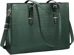 Laptop Bag for Women 15.6 Inch Laptop Tote Bag Leather Classy Computer Briefcase for Work Waterproof Handbag Professional Shoulder Bag Women Business Office Bag Large Capacity Green
