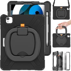 MEEgoodo Case for iPad Pro M2 12.9 Case 6th/5th/4th/3rd Generation 2022 2021 2020 2018, Tablet Cover with Pencil Holder/Rotating Stand/Shoulder Strap for Kids, Black