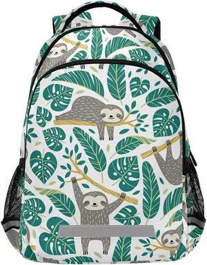 MNSRUU School Backpack with Chest Strap, Cute Sloths And Tropical Palm Leaves Laptop Backpack, Travel Hiking Backpack for Boys Girls, Rucksack, Knapsack