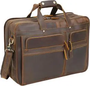 Polare 18.5" Full Grain Leather Laptop Briefcase Messenger Work Bag Overnight Bag For Men X-Large Fits 17.3" Laptop