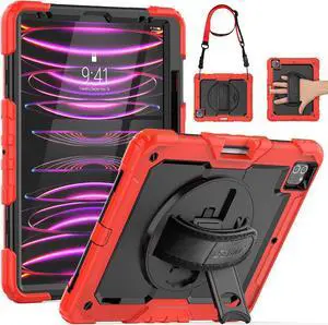 SEYMAC iPad Pro 12.9 Case 6th/ 5th/ 4th/ 3rd Generation, Heavy Duty Protection Shockproof Case with Screen Protector, 360deg Rotating Stand/Handle/Shoulder Strap, Support Pencil 2 Charging, Red