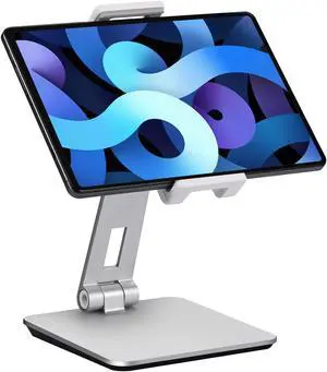 SHUOSUO Tablet Stand Adjustable & Foldable, 360° Swivel Heavy Aluminum Tablet Holder for Desk, Compatible with iPad Pro/Air/Mini, Galaxy Tab, Surface Pro, Kindle Fire (7-13") (Silver)
