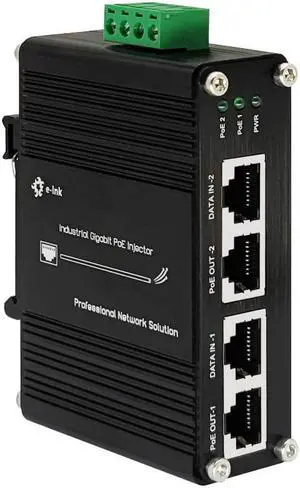 Industrial 2 Ports PoE Injector, Hardened Gigabit 30W PoE+ Injector IEEE802.3 at POE Adapter POE Midspan Max 60W Single Port Power Over Ethernet with 12-48V DC Input DIN Rail Mount