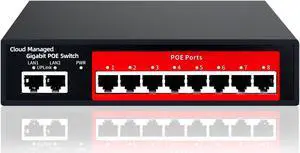 STEAMEMO 10-Port Gigabit Managed PoE Switch, 8 PoE+ Ports@120W, 2 Uplink Ports, VLAN, PoE Scheduler, Fanless, Plug and Play, Sturdy Metal, Desktop and Wall-Mount
