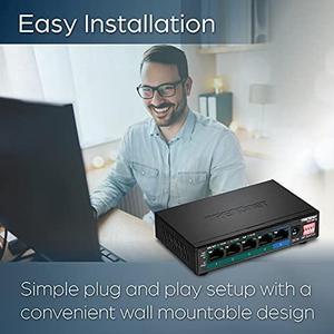 TRENDnet 5-Port Gigabit PoE+ Switch, Camera DIP Switch extends PoE+ 200m (656 ft.), 60W PoE Budget,Lifetime Protection, Black, TPE-TG51g