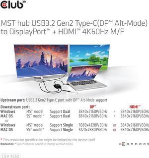 Club 3D CSV-1552 USB3.2 Gen2 Type-C(DP Alt-Mode) to DisplayPort +HDMI Dual Monitor 4K60Hz M/F MST hub