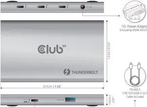 Club 3D CSV-1580 Thunderbolt 4 5-1 Hub with Smart Power Max 60W Charging for Laptop, 8K @30Hz or Dual 4K@60Hz