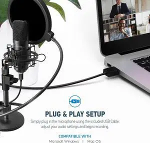 Amcrest Podcast Microphone for Streaming, Voice Recording, Gaming, Conferences, Meetings - Included Pop-Filter, Shock Mount, & Adjustable Heavy Metal Stand, USB AM430-PS