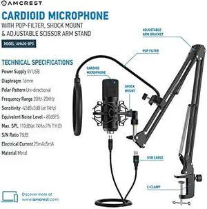 Amcrest USB Microphone for Voice Recordings, Podcasts, Gaming, Online Conferences, Live Streaming, Cardioid Microphone with Boom Arm, Pop-Filter, Shock Mount, AM430-BPS