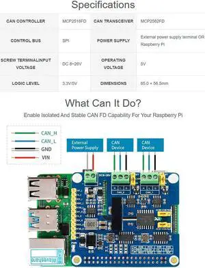 2-Channel Isolated CAN FD Expansion HAT for All Raspberry Pi, Support CAN2.0 and CAN FD Protocols,with MCP2518FD CAN Controller + MCP2562FD CAN Transceiver Onboard Multi Protection Circuits