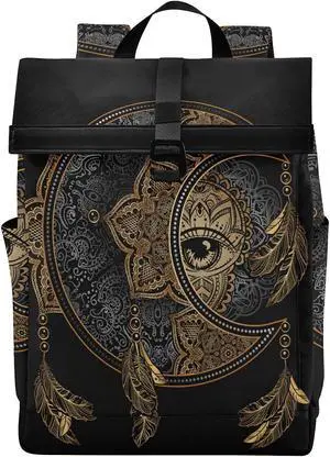 ALAZA Boho Crescent Moon & Sun Dreamcatcher Large Laptop Backpack Purse for Women Men Waterproof Anti Theft Roll Top Backpack, 13-17.3 inch