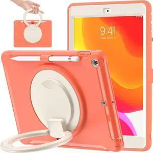 BATYUE iPad 9th/ 8th/ 7th Generation Case (iPad 10.2 Case 2021/2020/2019) with Screen Protector,Rugged Case with Rotating Stand/Pencil Holder/Pencil Cap Holder (Coral Orange)