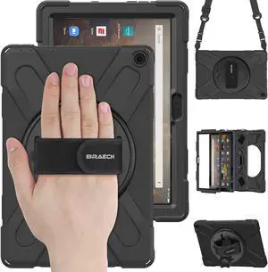 BRAECN Fire HD 10/HD 10 Plus 11th Generation 2021 Case,Heavy Duty Shockproof Protective Case with Rotating Hand Strap,Carrying Shoulder Strap,Kickstand for  Fire HD 10 / HD 10 Plus Tablet-Black