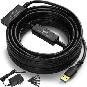 USB 3.0 Active Extension Cable 50 Feet, Long USB Type-A Male to Female Extender Cord, Built-in 2 Signal Booster Smart Chips, 5Gbps Transfer, Black USB Extension Cable with an AC Power Adapter (5V 2A)