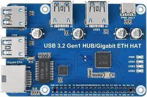 USB 3.2 Gen1 and Gigabit Ethernet HUB HAT for Raspberry Pi Series Board, 3X USB 3.2 Gen1, 1x Gigabit Ethernet,Plug & Play,Driver-Free