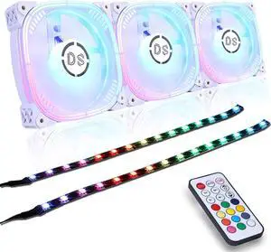 DS 120MM White PC Case Fans, RGB LED Fan with Controller for Computer Case, CPU Cooling, Radiators System(3Pack RGB Fans and 2Pack LED Strip with Magnet Design Kit, G Series)