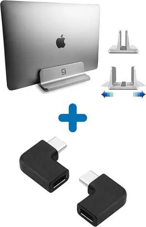 GodSpin Vertical Laptop Stand for Desk [Adjustable] Sturdy Aluminum Dock Fits All Laptops and USB C Angle Adapter [2 Pack] 90 Degree USB C Type C Male to Female Adapter
