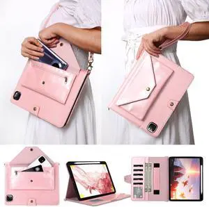 JH 2020/2021 iPad Pro 11 PU Leather Case,iPad Pro 11 Inch Case with Pencil Holder,Money Pocket, Shoulder/Hand Strap, Kickstand, Flip Cover with Auto Sleep/Wake (Pink, 11 inch 006)