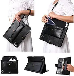 JH 2020/2021 iPad Pro 11 Leather Case,iPad Pro 11 Case with Pencil Holder,Money Pocket, Shoulder/Hand Strap, Kickstand, Flip Cover with Auto Sleep/Wake (Black, 11 inch 006)