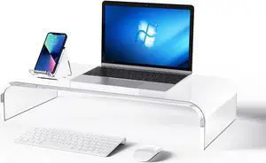 KMANDLU Premium Acrylic Monitor Stand | Clear Laptop Riser for Desk, Office and Home | Computer Stand for TV, Printer, and More | 16-Inch Wide with Bonus Phone Stand