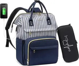 LOVEVOOK Nurse Backpack Laptop Backpack for Women with Stethoscope Case & USB Charging Port Anti Theft Travel Backpacks Doctor Bag Fits 15.6 Inch Laptop and Notebook, Blue Stripes