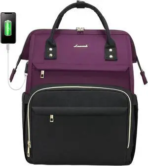 LOVEVOOK Laptop Backpack for Women Fashion Business Computer Backpacks Travel Bags Purse Doctor Nurse Work Backpack with USB Port, Fits 17-Inch Laptop Dark Purple-Black