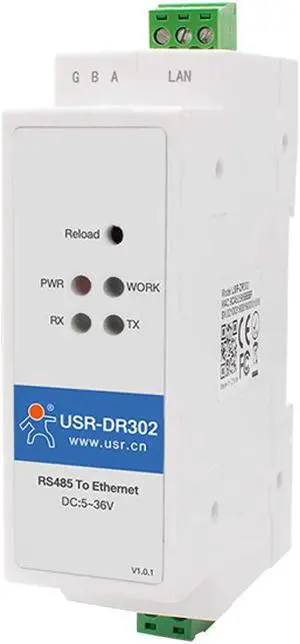 PUSR USR-DR302 Din-Rail RS485 to Ethernet Converter Bidirectional Transparent Transmission Between RS485 and RJ45