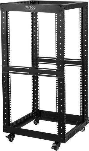 RIVECO 22U Open Frame Server Rack with Wheels- Heavy Duty 4 Post Quick Assembly 19-inch, Stereo Rack Rolling Network Shelf Black