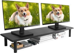 ROCDEER Bamboo Dual Monitor Stand Riser, Black Desk Monitor Riser for 2 Monitors Supports for Monitor, Printer, Heavy TV Riser up to 300 lbs