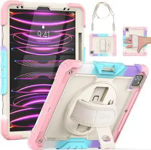 SEYMAC iPad Pro 12.9 Case 2022/2021/ 2020/2018, Heavy Duty Protection Shockproof Case with Screen Protector, Rotating Stand/Handle/Shoulder Strap, Supports Pencil 2 Charging, Colorful Pink
