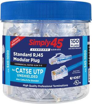 Simply45 Standard WE/SS RJ45 Modular Plugs for 24AWG Cat5e Connector UTP Solid and 28-26 AWG Cat5e/6 UTP Stranded - Blue Tint, 3-Prong Pin Design - 100-Pieces - S45-1000