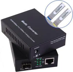 A Pair of 1.25G Gigabit Ethernet Fiber Media Converters with SFP LC Single Core Transceiver Module, Single-Mode LC, SMF RJ45 to SFP Slot up to 30KM, 10/100/1000Base-Tx to 1000Base-SX (2 Pack)